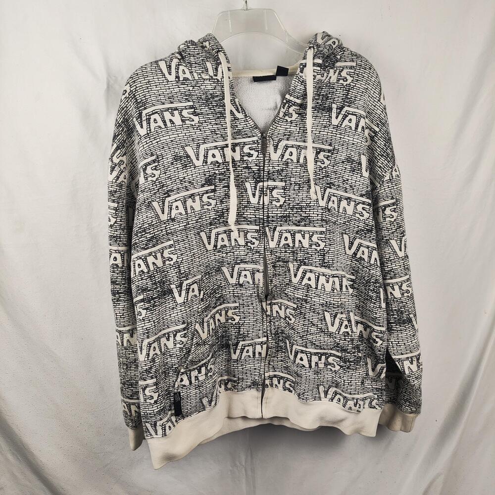 Vans Hoodie Sweatshirt Mens Large White Full Zip Fleece Allover Logo Graphic